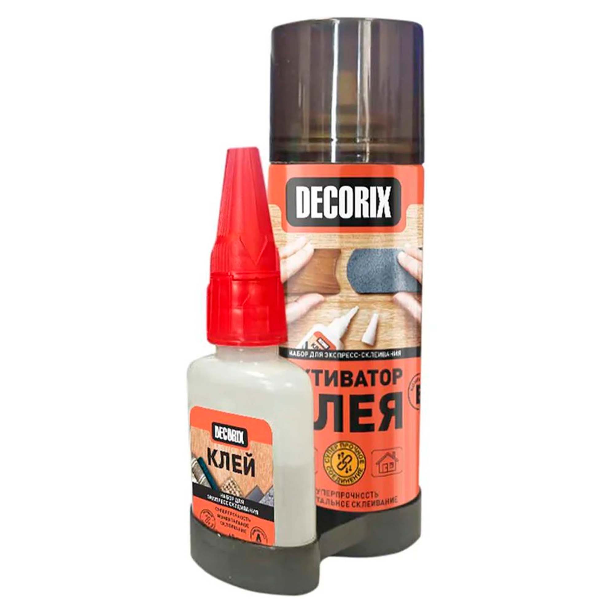 Клей двухкомпонентный для экспресс-склеивания DECORIX, аэрозольный активатор 270 мл + кле