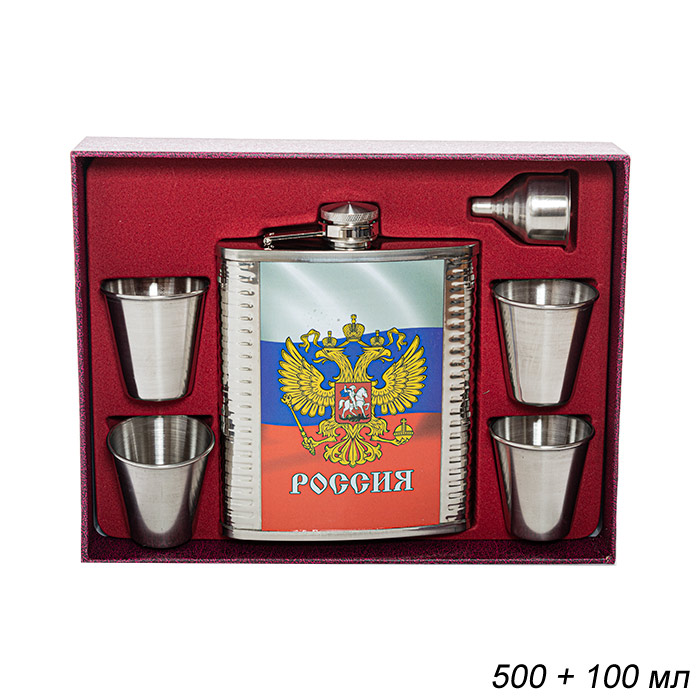 650105      Фляжка 500 мл Россия + 4 стопки, воронка / FL-150 /уп 40/ (10511010/270921/0157894, Китай)