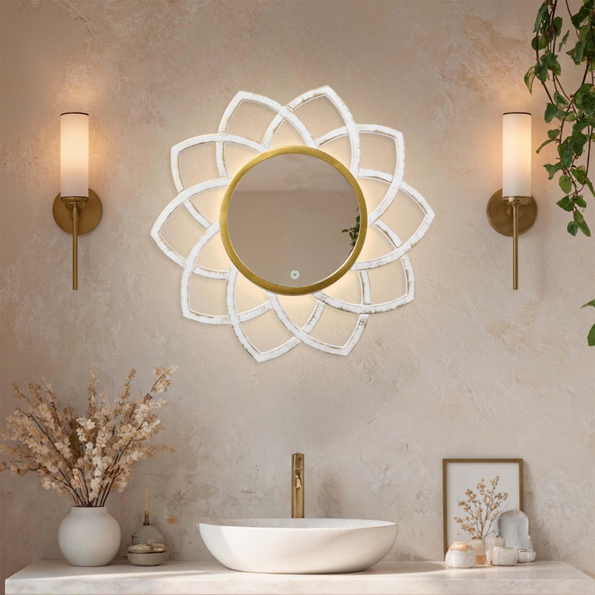 Зеркало с LED-подсветкой сенсорное, пластиковая рама, d=49,5 см, белый с золотом