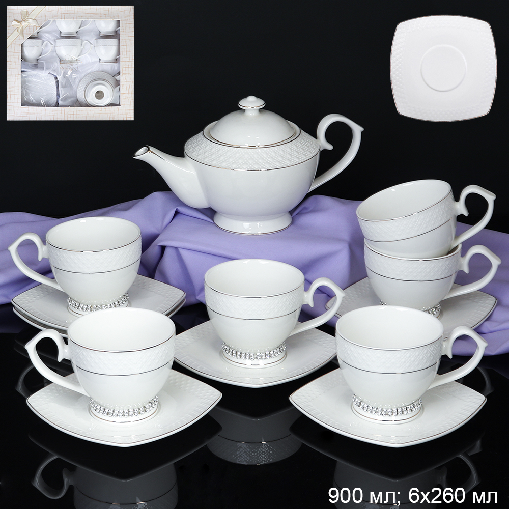 Набор чайный 13 предметов 260 мл 900 мл на ножке со стразами GA2-13G костяной фарфор