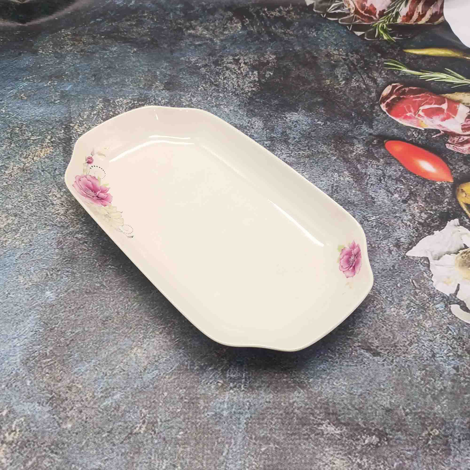 Блюдо 30см сервировочное фигурное, белое с узором РД85332 шиповник