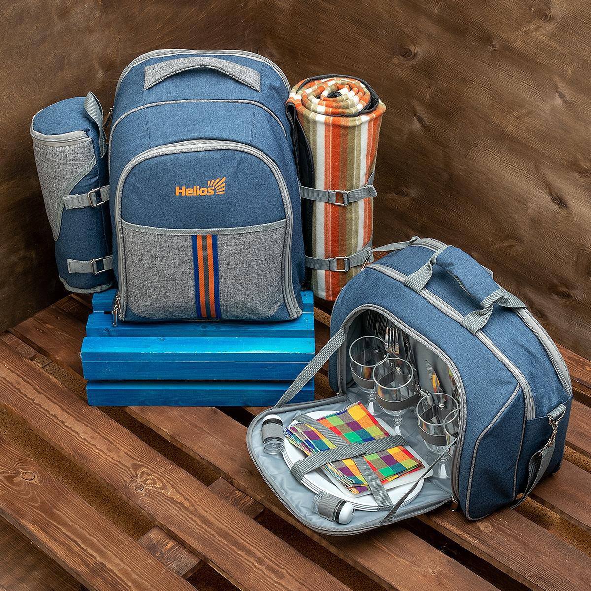Набор для пикника на 4 персоны синий/серый (HS-425S-(4)BG) Helios