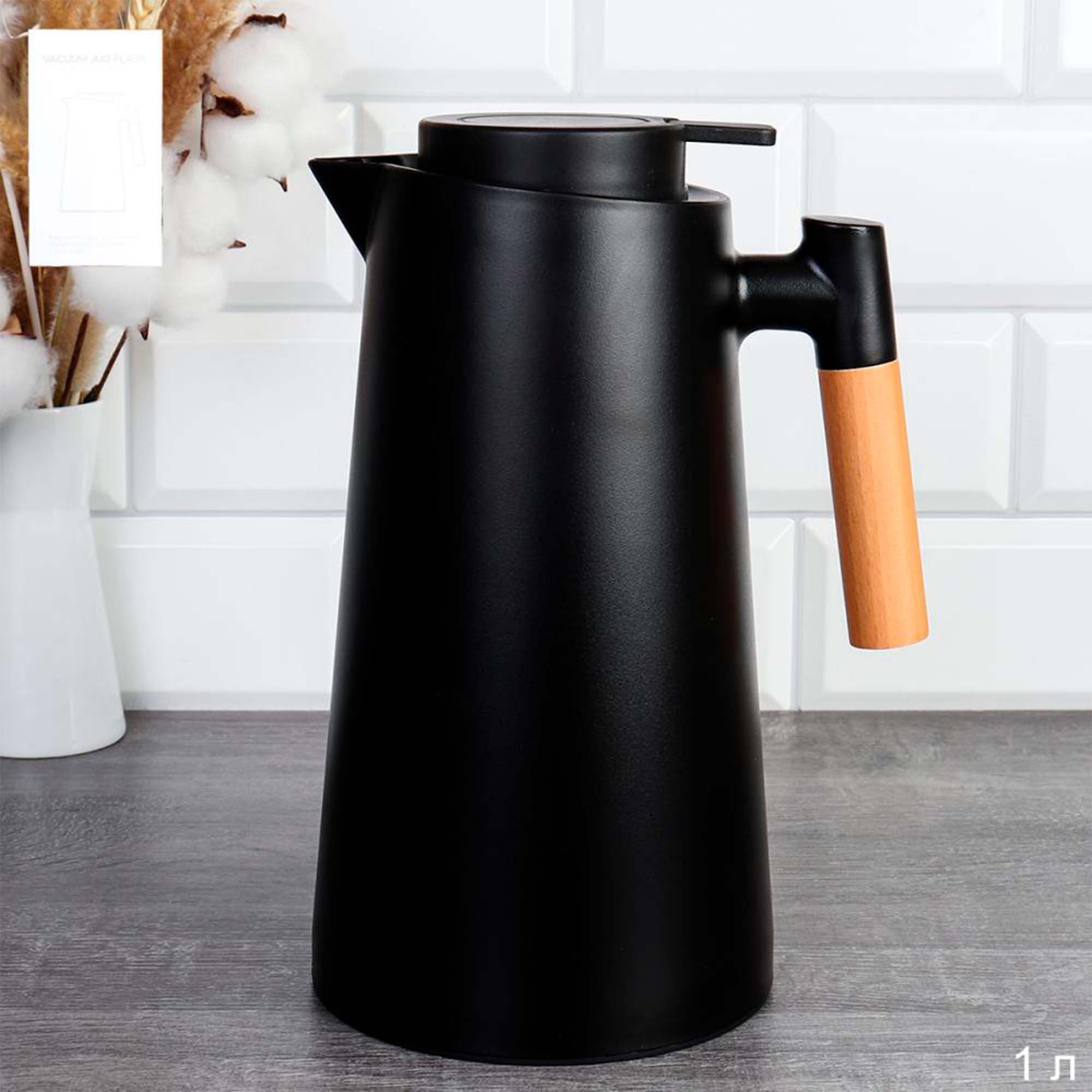 Термос-кувшин 1л с деревянной ручкой KTB-903 Черный