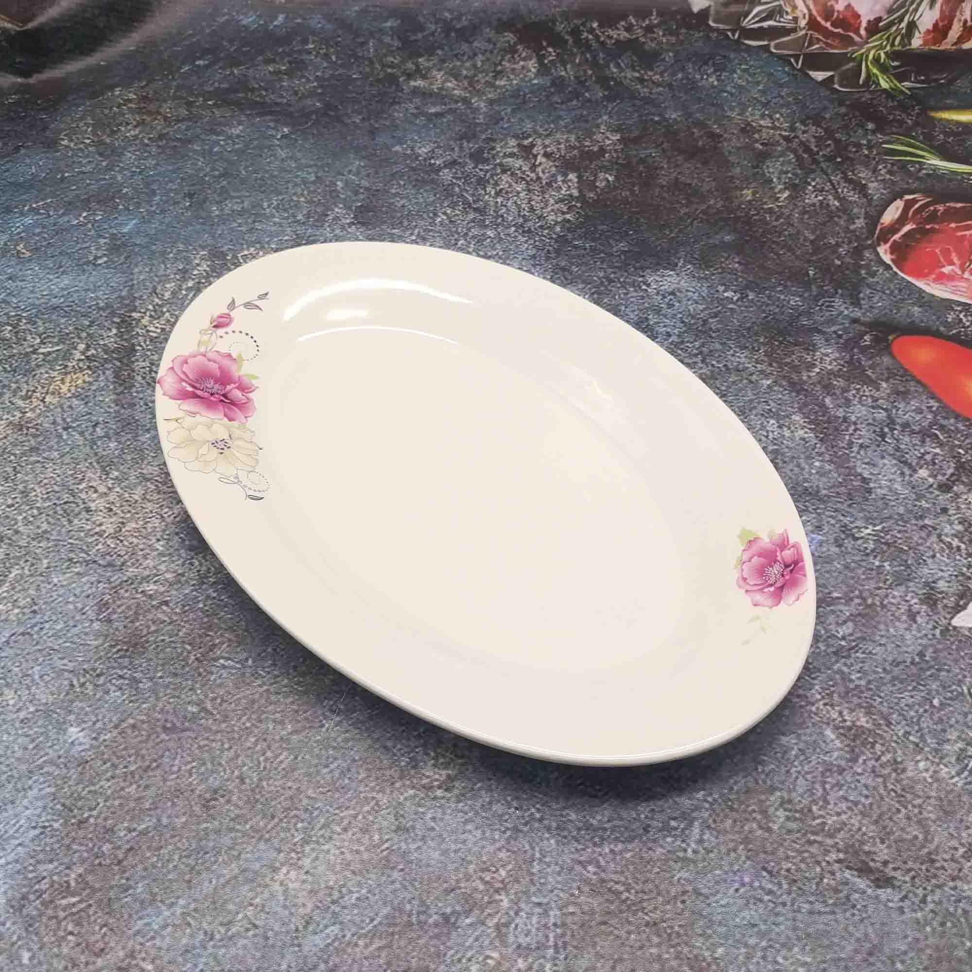 Блюдо 30см овальное, белое с узором РД85271 шиповник