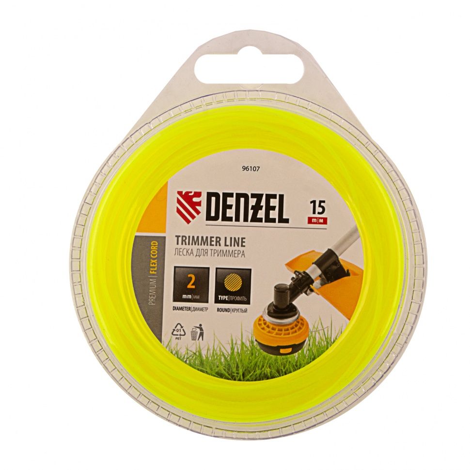 Леска для триммера круглая 2 мм х 15 м, блистер FLEX CORD Denzel