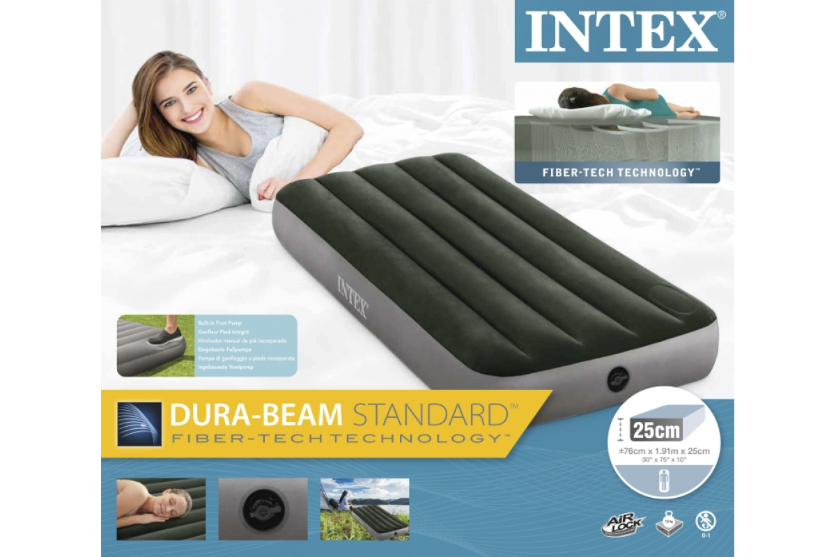 Матрас надувной флокированный 76х191х25см Intex Downy Airbed со встроенным ножным насосом