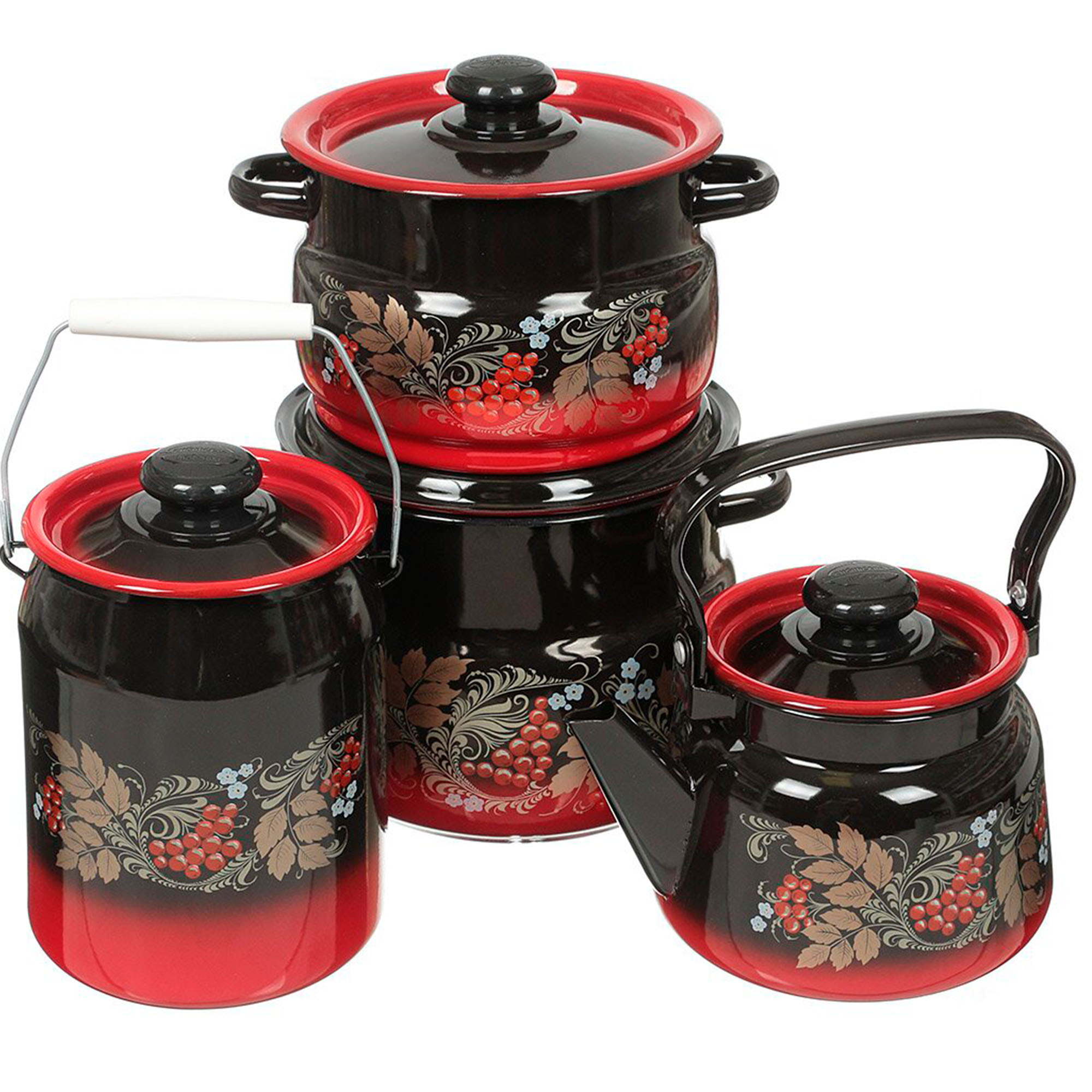 Набор посуды 12 красно-чёрный Рябинушка