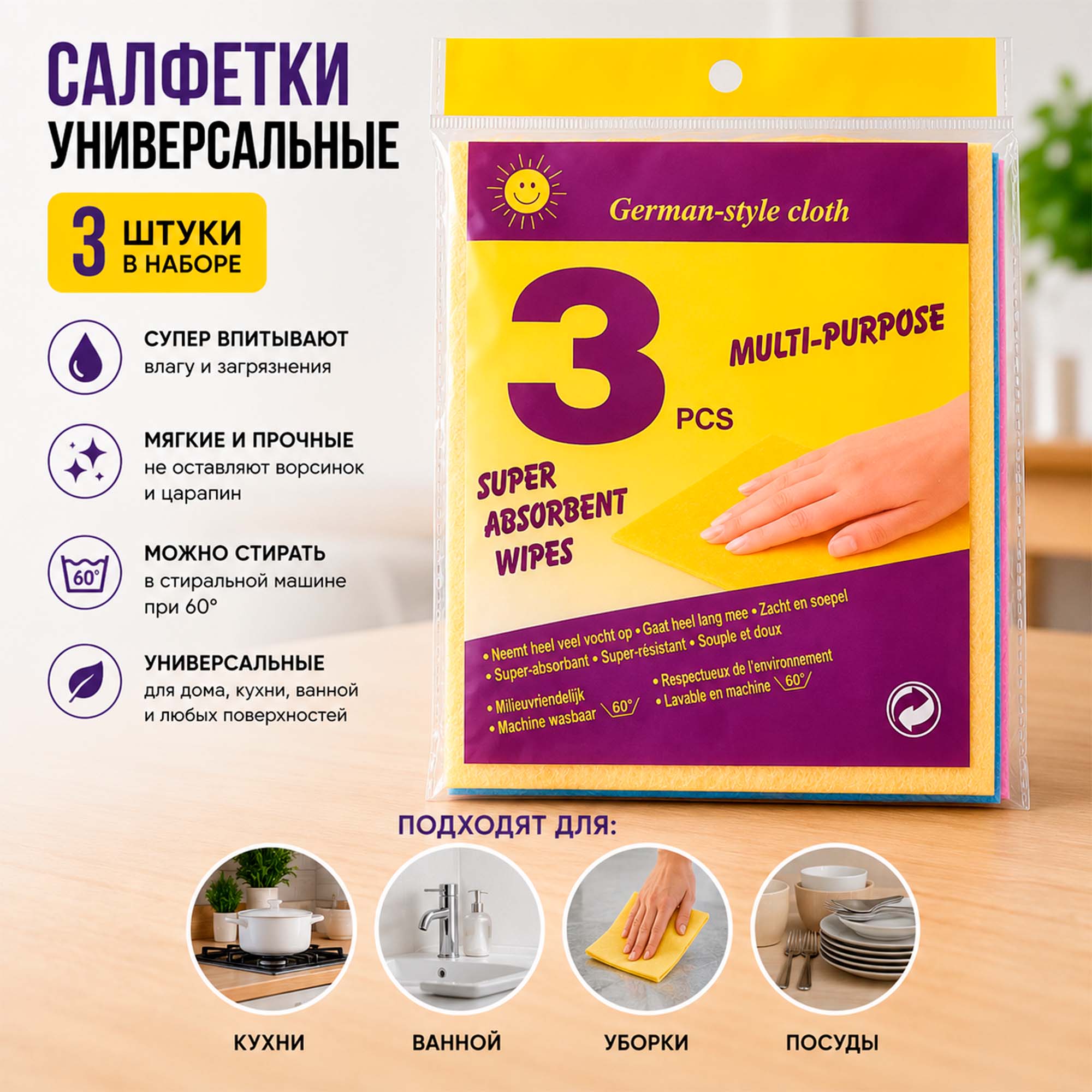 Салфетка для уборки 3 шт 30х38см РД17433