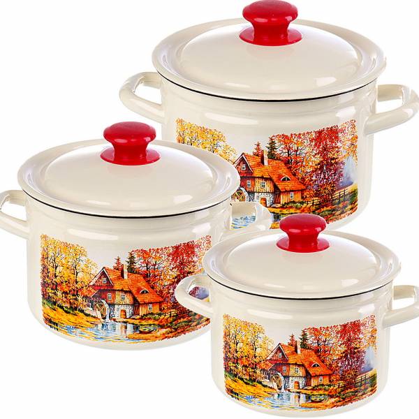 Набор посуды эмалированная сталь, 3пр Старая мельница-1 слоновый (цил.борт.2л,3л,4л) Керчь