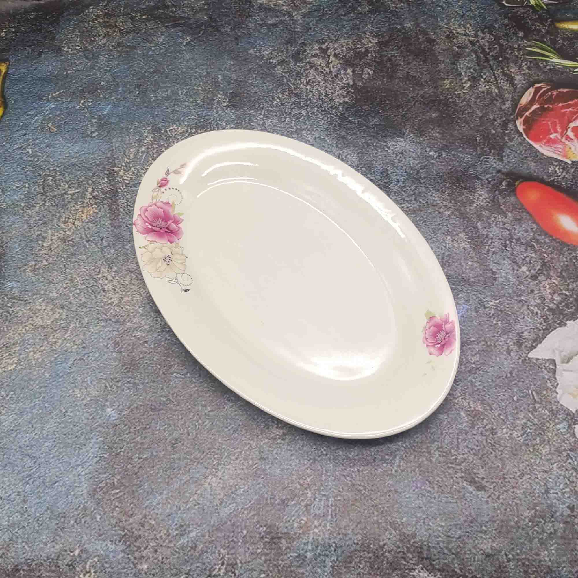 Блюдо 30см овальное, белое с узором РД85271 шиповник