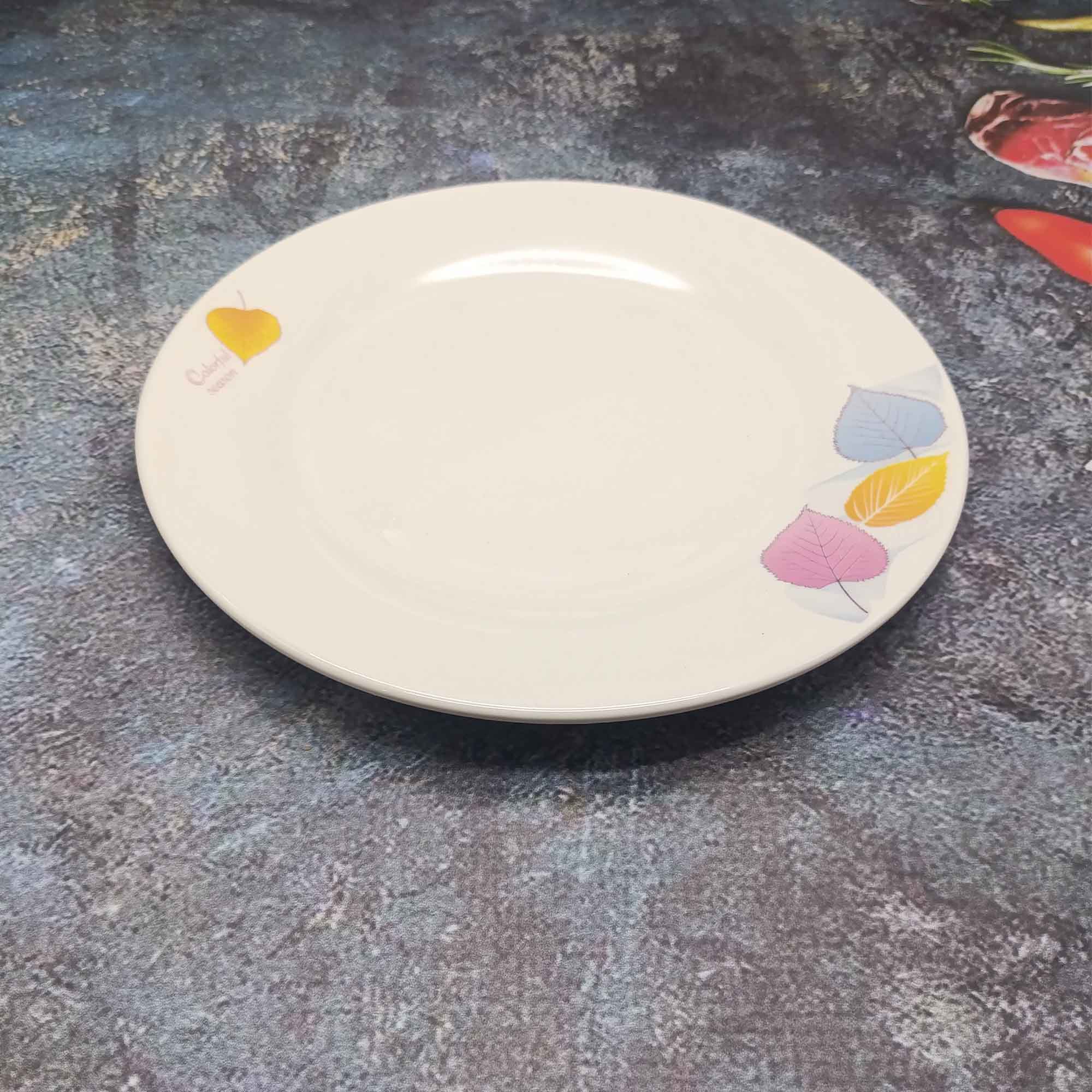 Тарелка 250мм круглая, белая с узором РД85165 цветные листья