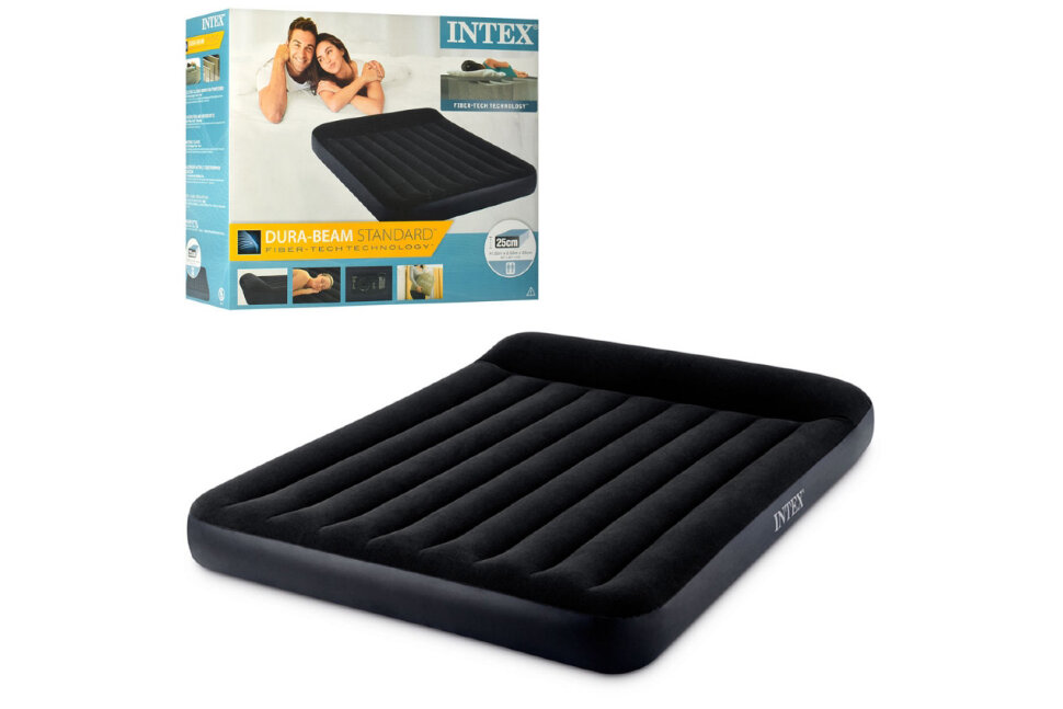Матрас надувной флокированный 152х203х25см с подголовником, встр.насос 220В, до 272кг, Intex