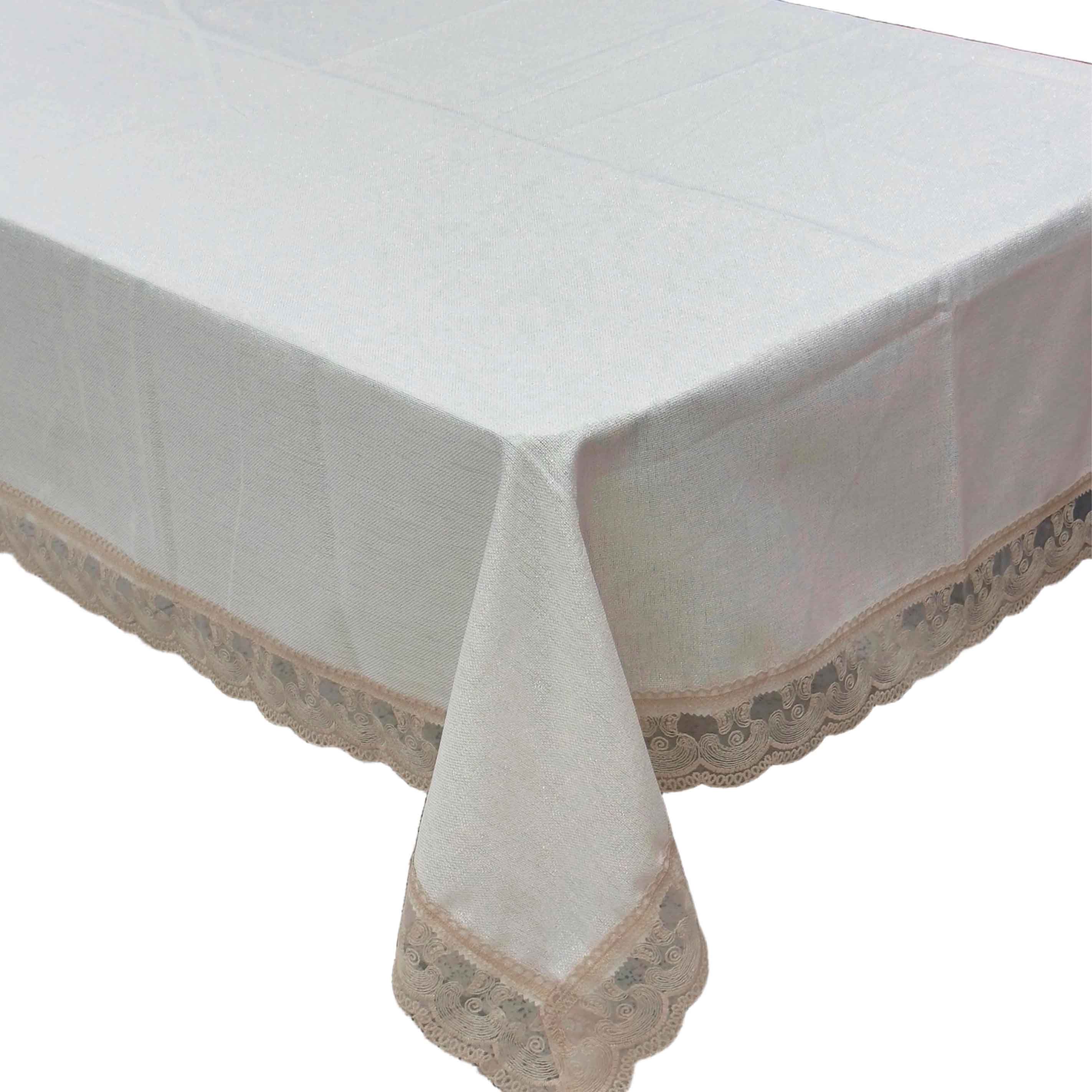 Скатерть с люрексом тефлон, бежевая с кружевом