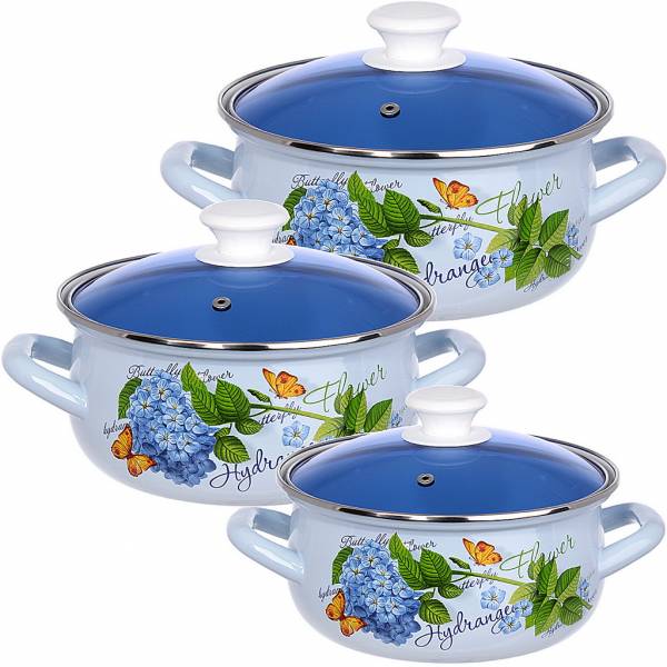 Набор посуды эмалированная сталь, 3пр Гортензия-Экстра голубой (сфер 2л, 3л, 4л) Керч