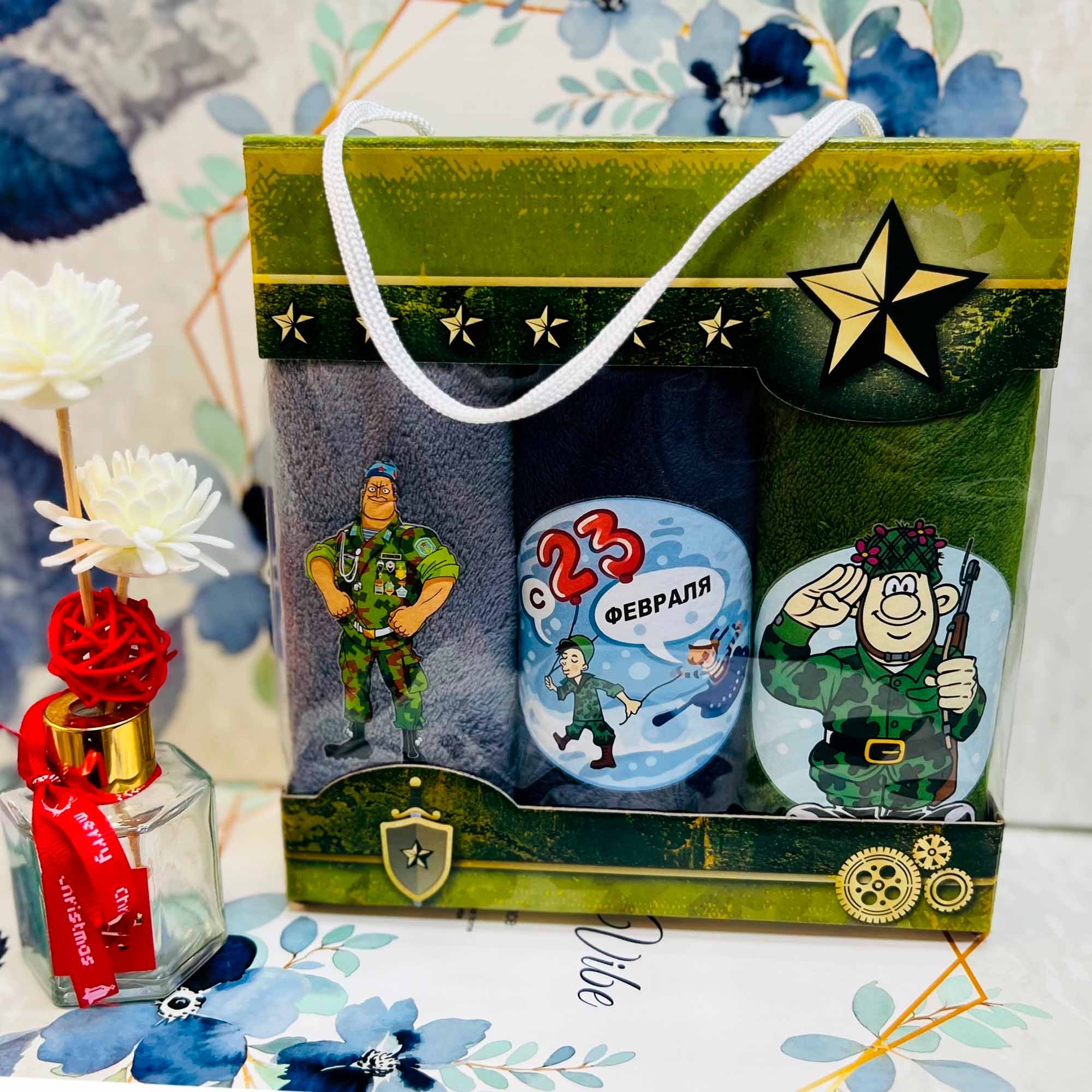 Набор полотенец 3шт 25х25 23 Февраля, микрофибра, в коробке