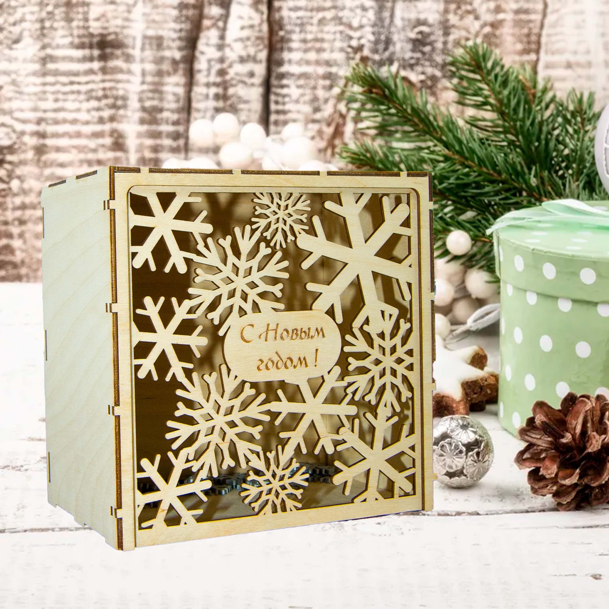 Коробка НГ 16*16*11см для конфет ДомВуд Снежинки Экошпон Ф342 Коробка НГ 16*16*11см для конфет ДомВуд Снежинки Экошпон Ф342