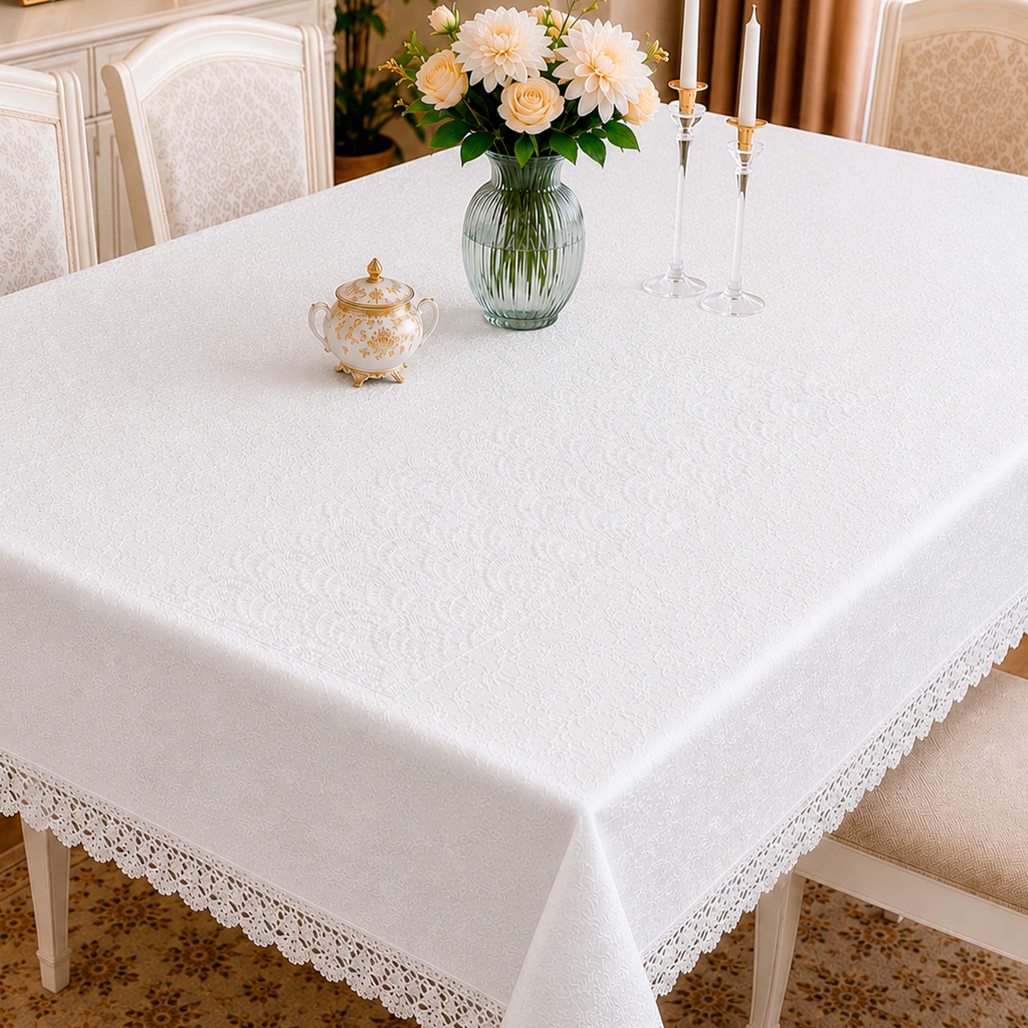 Скатерть 150х220 флора, белая с кружевом в коробке РД26367