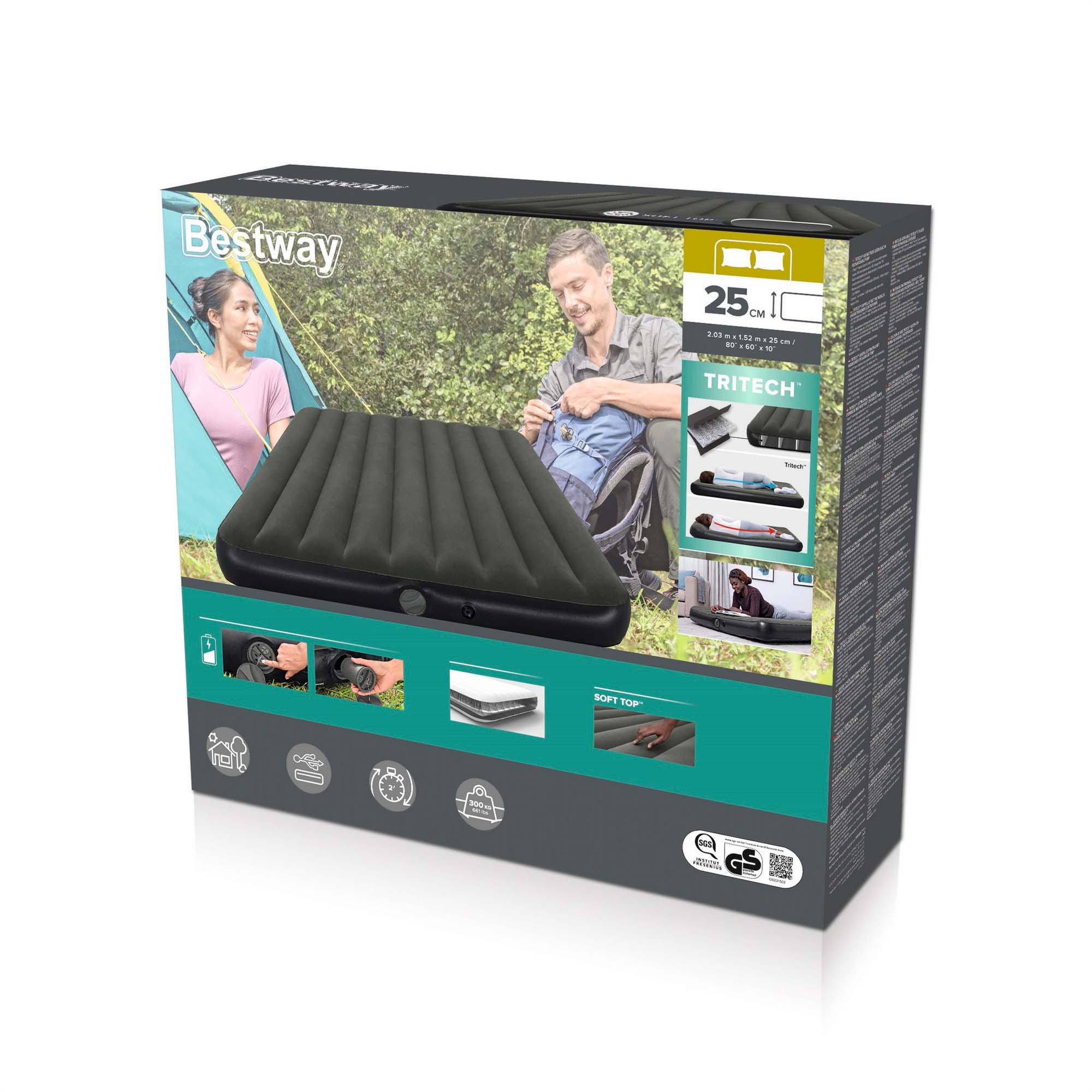 Матрас надувной 152x203x25см "Tritech", со встр. USB насосом 3.7В, до 300кг, Bestway