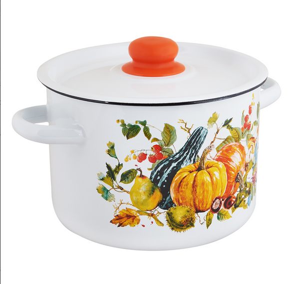 Кастрюля эмалированная сталь  1,5л, с крышкой, белая с рис