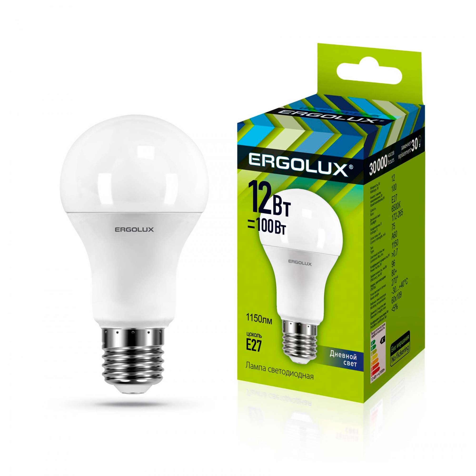 Лампа светодиодная ЛОН Ergolux LED-A60-12W-E27-6K 12Вт E27 6500K 180-240В