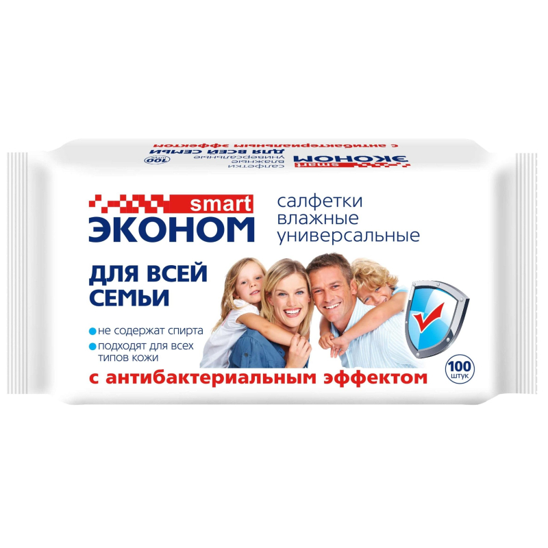 Салфетки влажные 100шт Смарт Эконом для всей семьи с антибактериальным эффектом