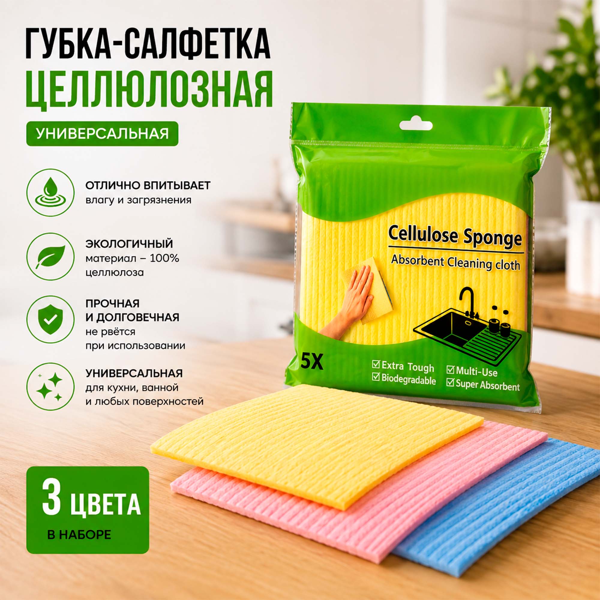 Салфетка из целлюлозы  15х15см РД17419