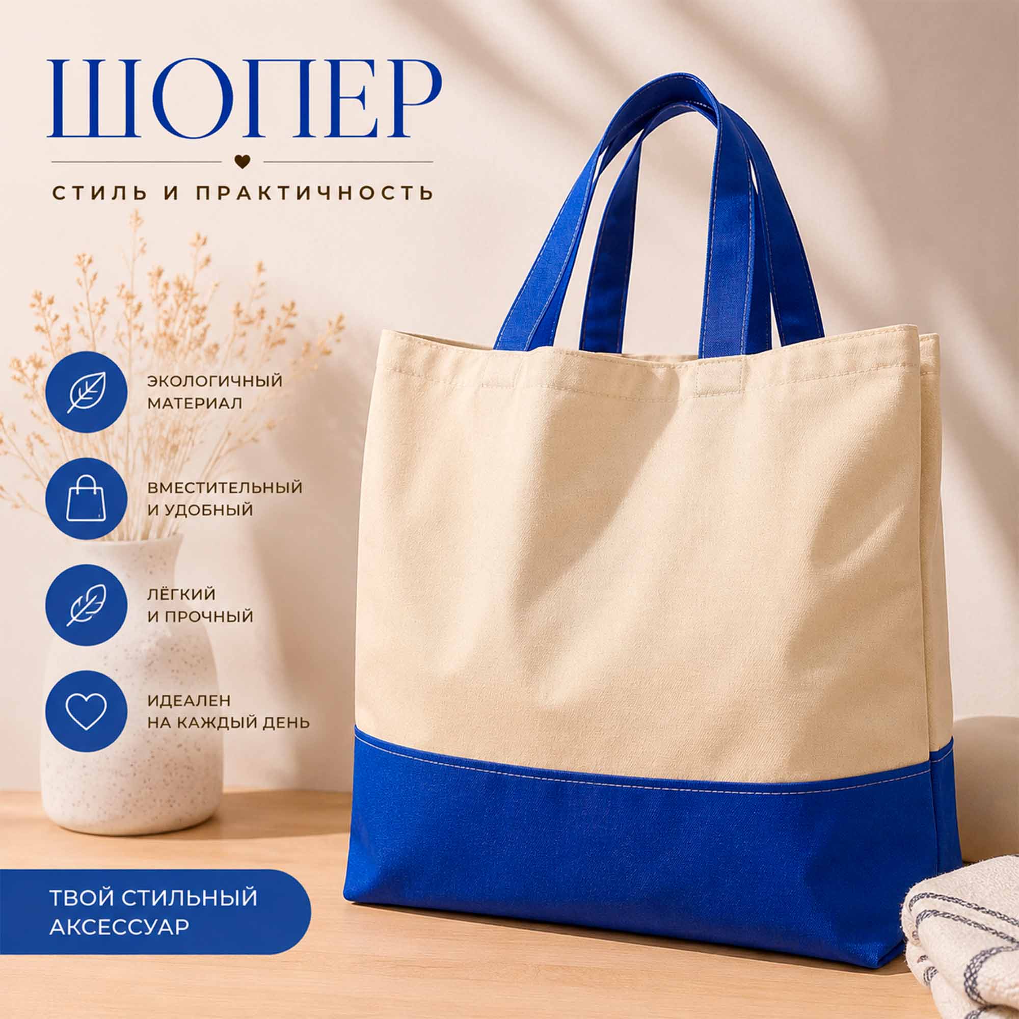Сумка-шопер 37*41*8 бежевый+василек ДомВелл
