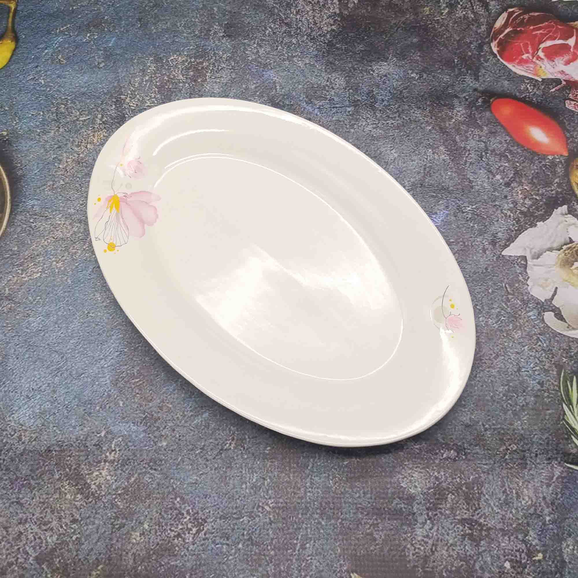 Блюдо 35см овальное, белое с узором РД85318 розовый цветок