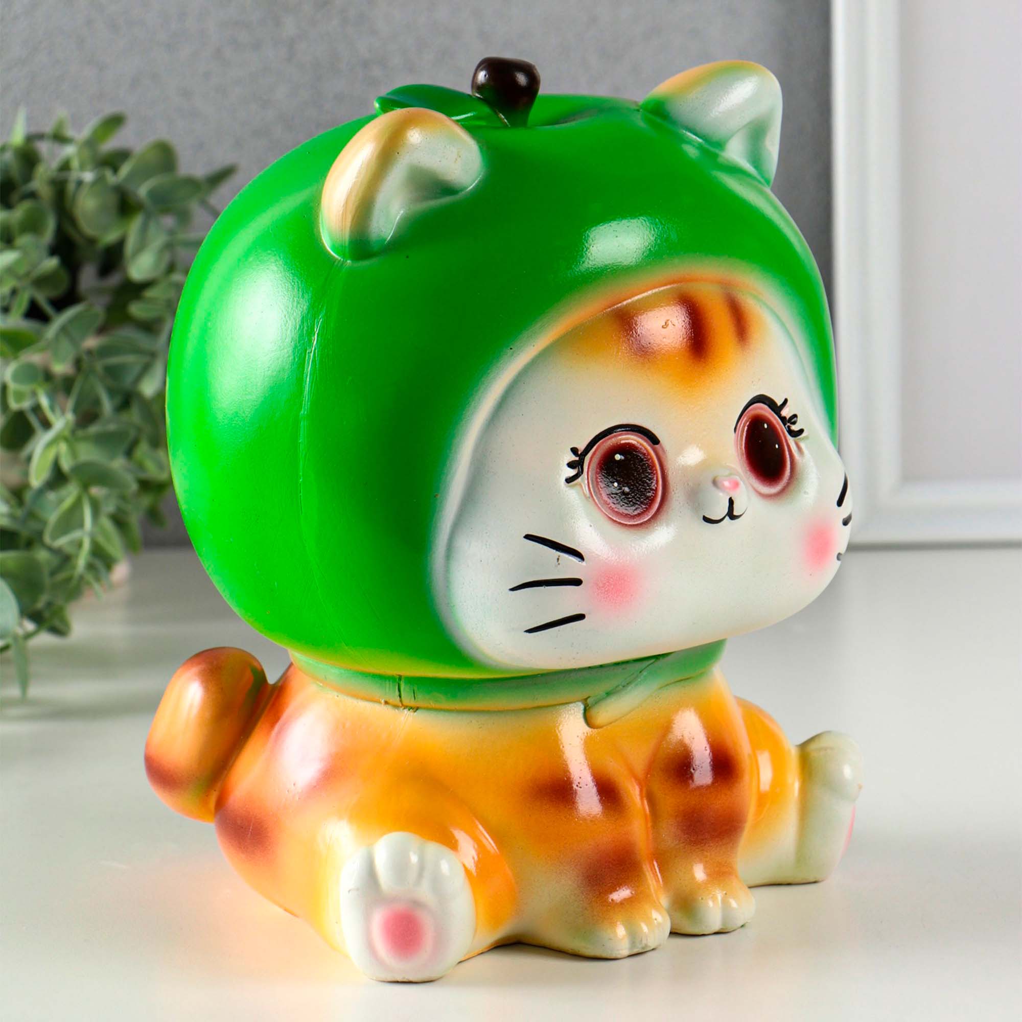 Копилка Кот в костюме Яблоко зелёный 17х21х17см