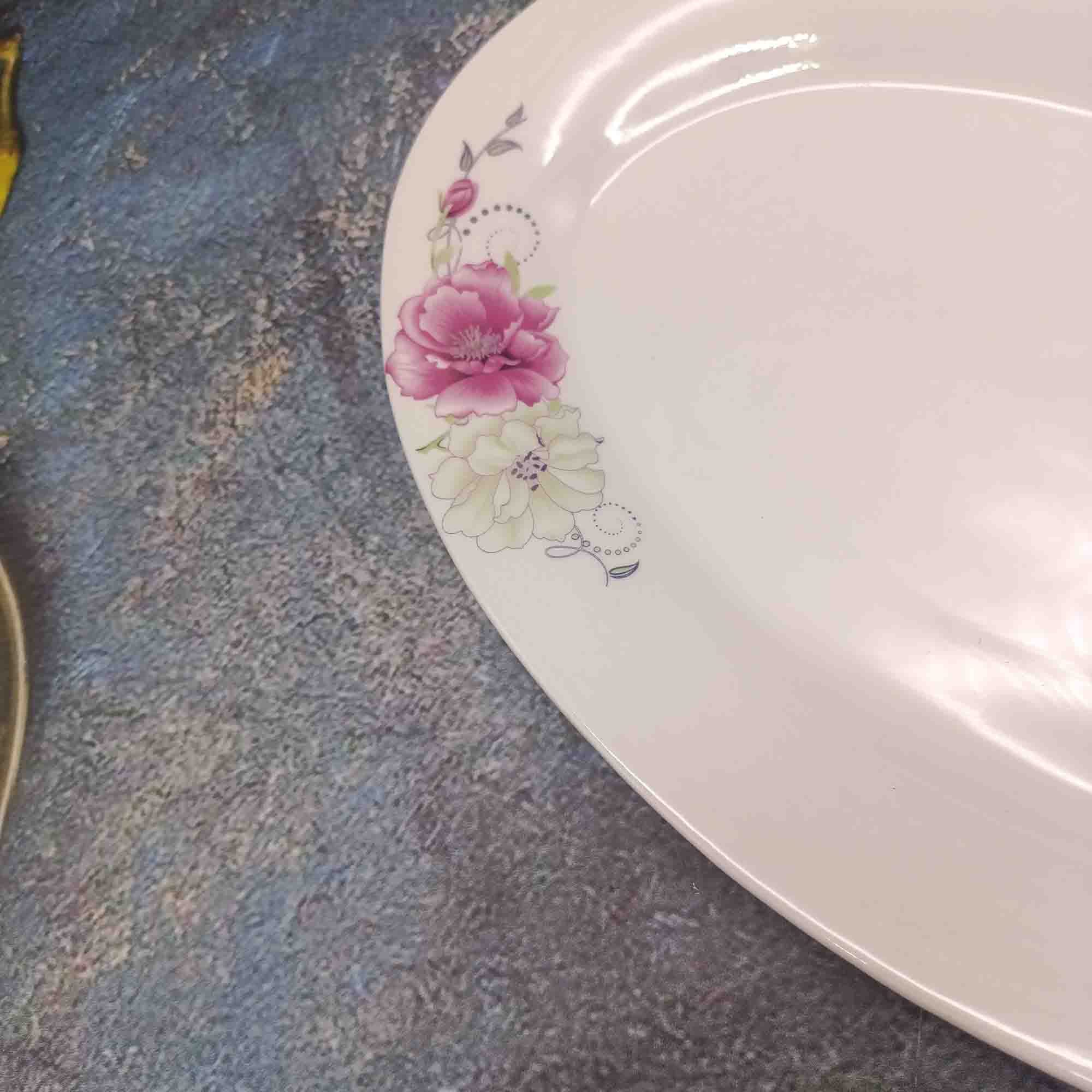 Блюдо 30см овальное, белое с узором РД85271 шиповник