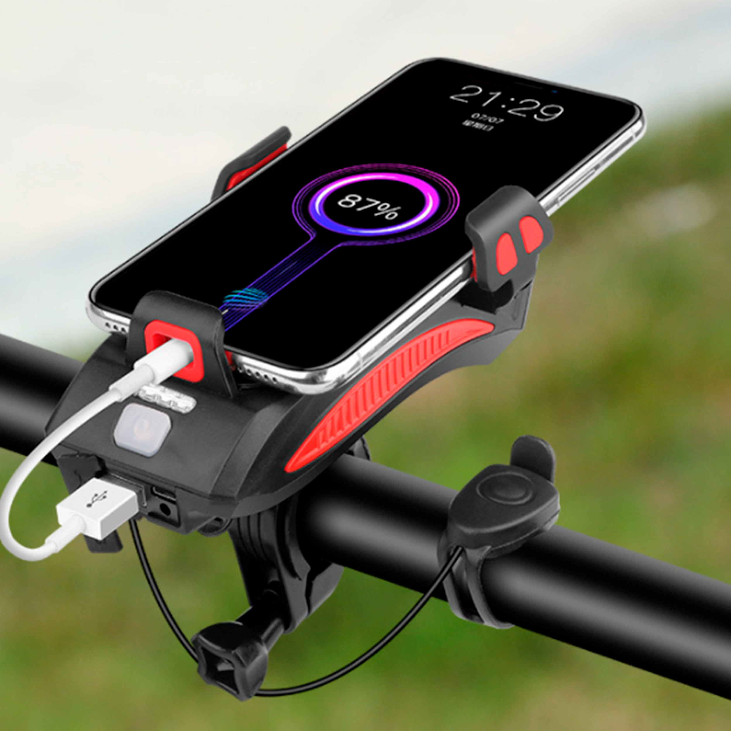 Фонарь передний COMIRON "HOLDER" ABS, IPX5; 3*T6 LED, 400lm; 4800mAh USB индикатор заряда POWER BANK сигнал 130Дб крепление смартфона синий /уп 20/80/ (10511010/250822/3118876, Китай)