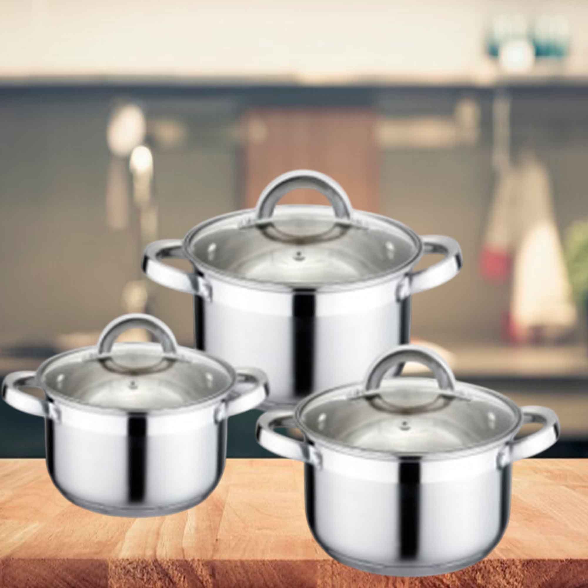 Набор посуды нержавеющая сталь,3пр 2,1л, 2,9л, 3,9л, крышка стекло РД84205