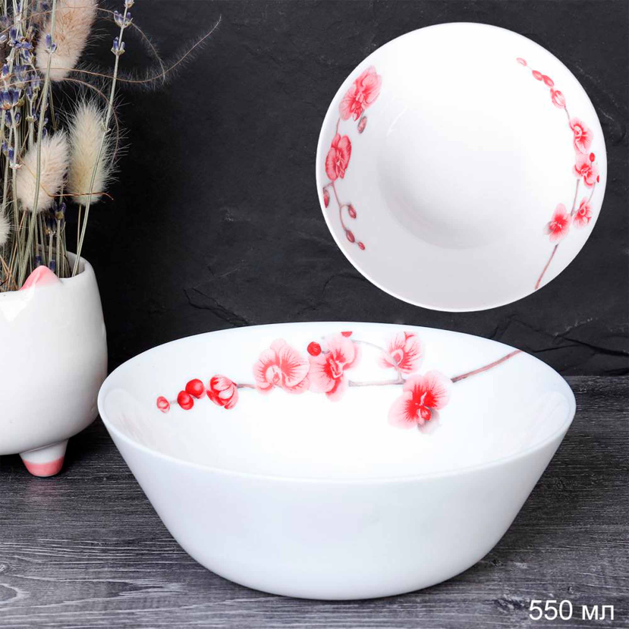 Салатник 550мл 155мм ЕВРО тарелка глубокая / LGW-60 (6755) Орхидея на ветке