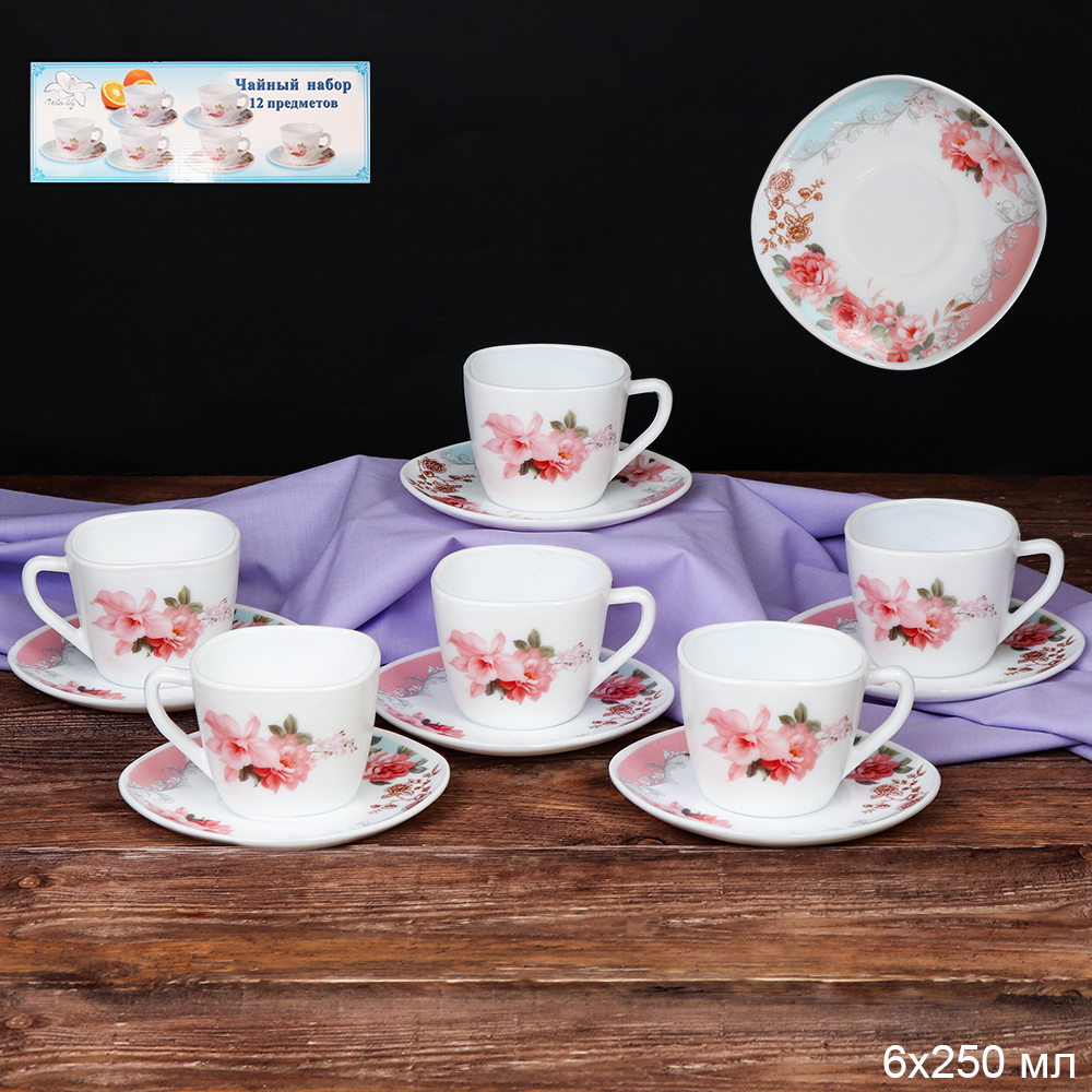 Набор чайный 12 предметов 250 мл квадратная А FXB220/FBD220-6A (6801) Роза на голубом