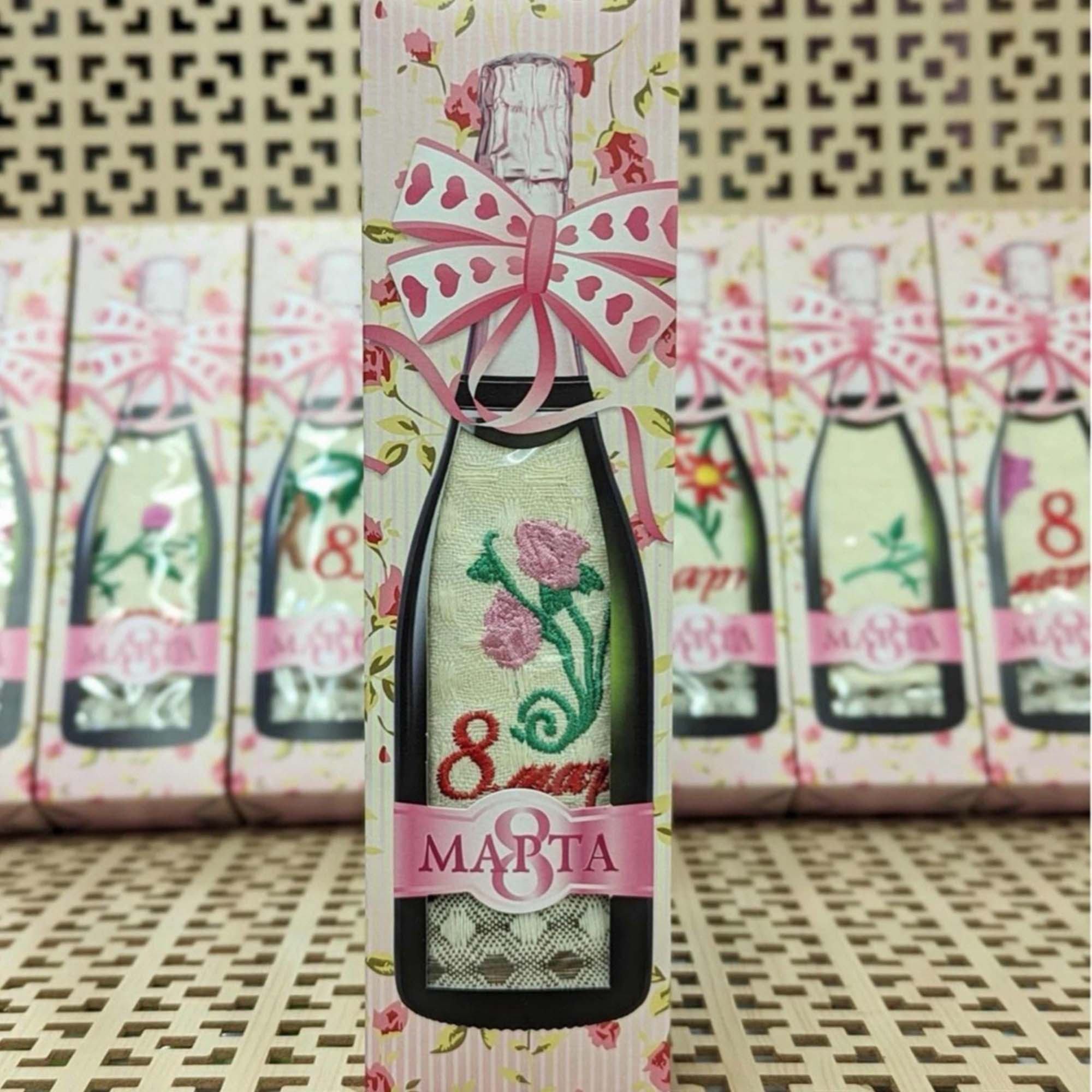 Полотенце 25х50см, 8 Марта, хлопок, в коробке (бутылка)