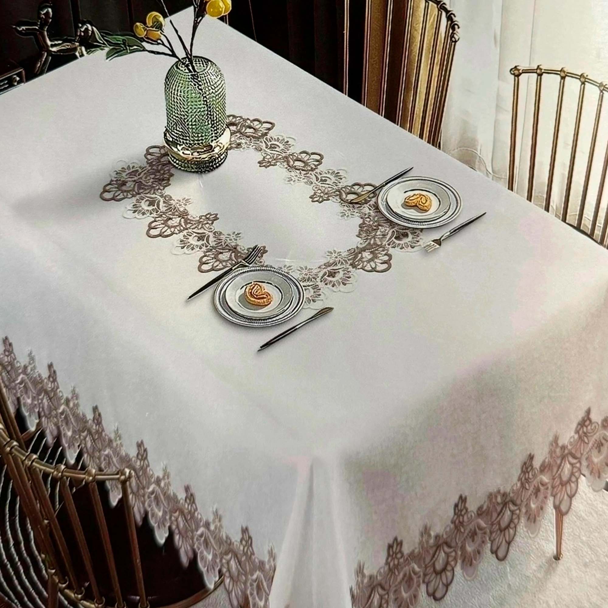 Скатерть 150х220 Брюссель, тефлон белая с кружевами