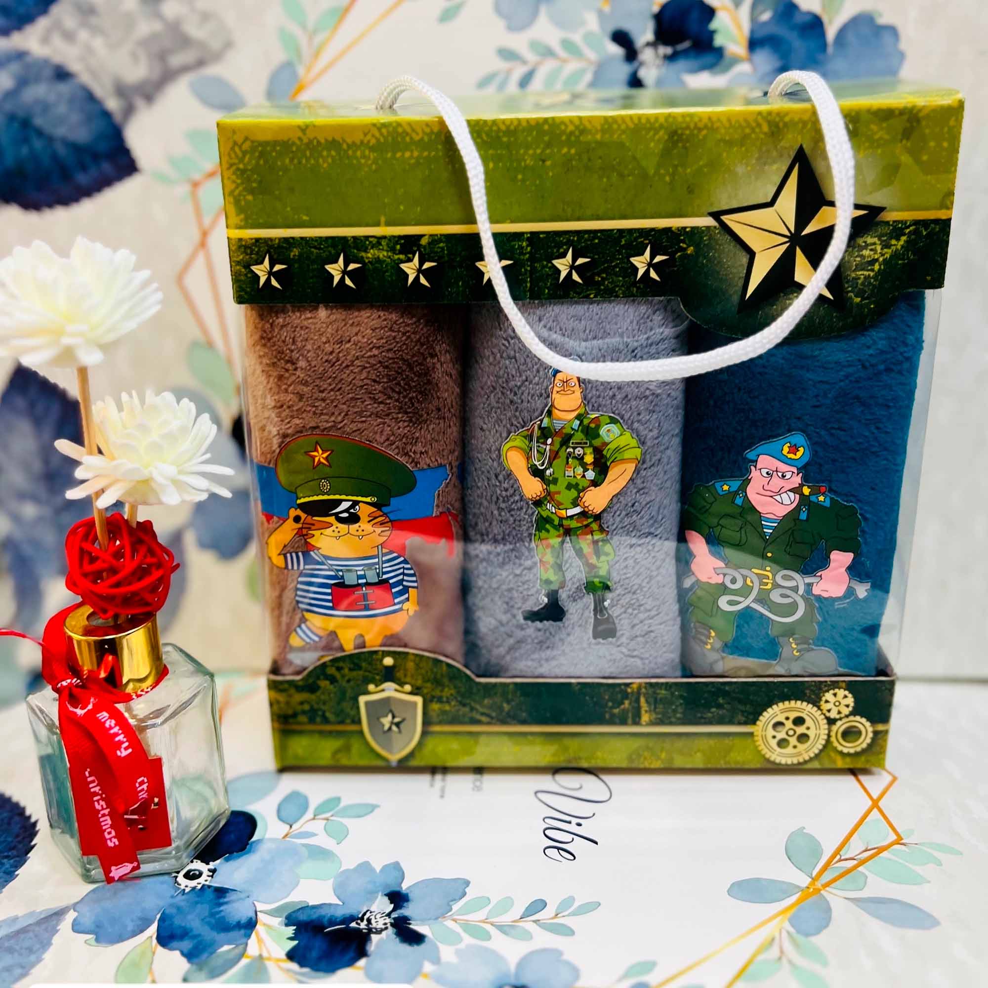 Набор полотенец 3шт 25х25 23 Февраля, микрофибра, в коробке