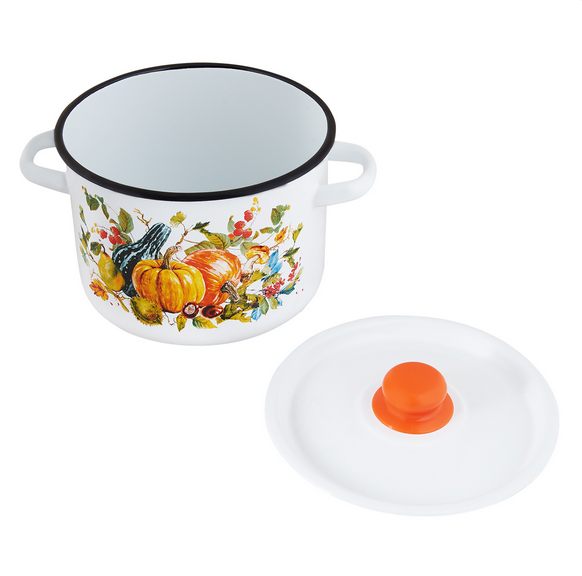 Кастрюля эмалированная сталь  1,5л, с крышкой, белая с рис