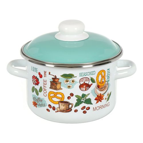 Кастрюля эмалированная сталь  2,0л, с крышкой, Стальэмаль Утренний кофе белая