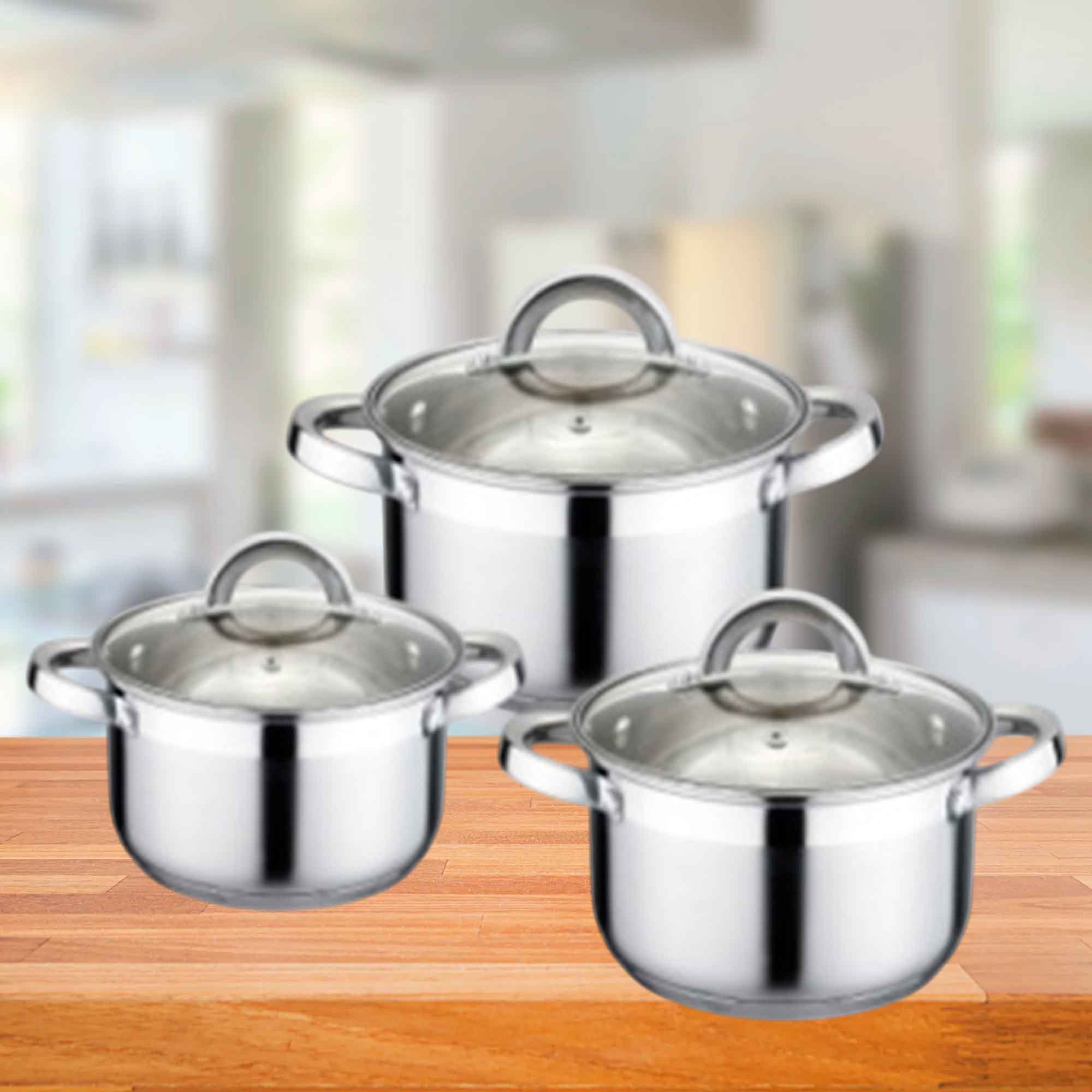 Набор посуды нержавеющая сталь,3пр 6,5л, 8,2л, 10,1л, крышка стекло РД84236