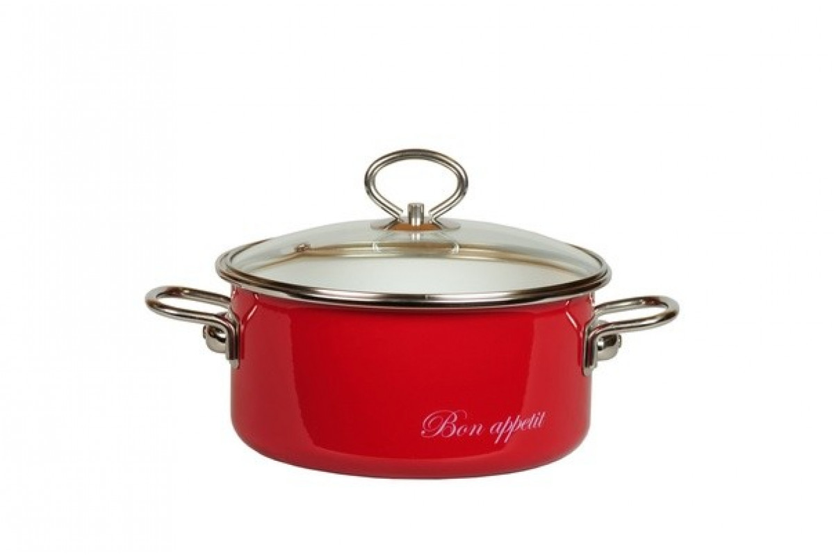 Кастрюля эмалированная сталь  3,0л, крышка стекло, Стальэмаль Bon appetit вишневая