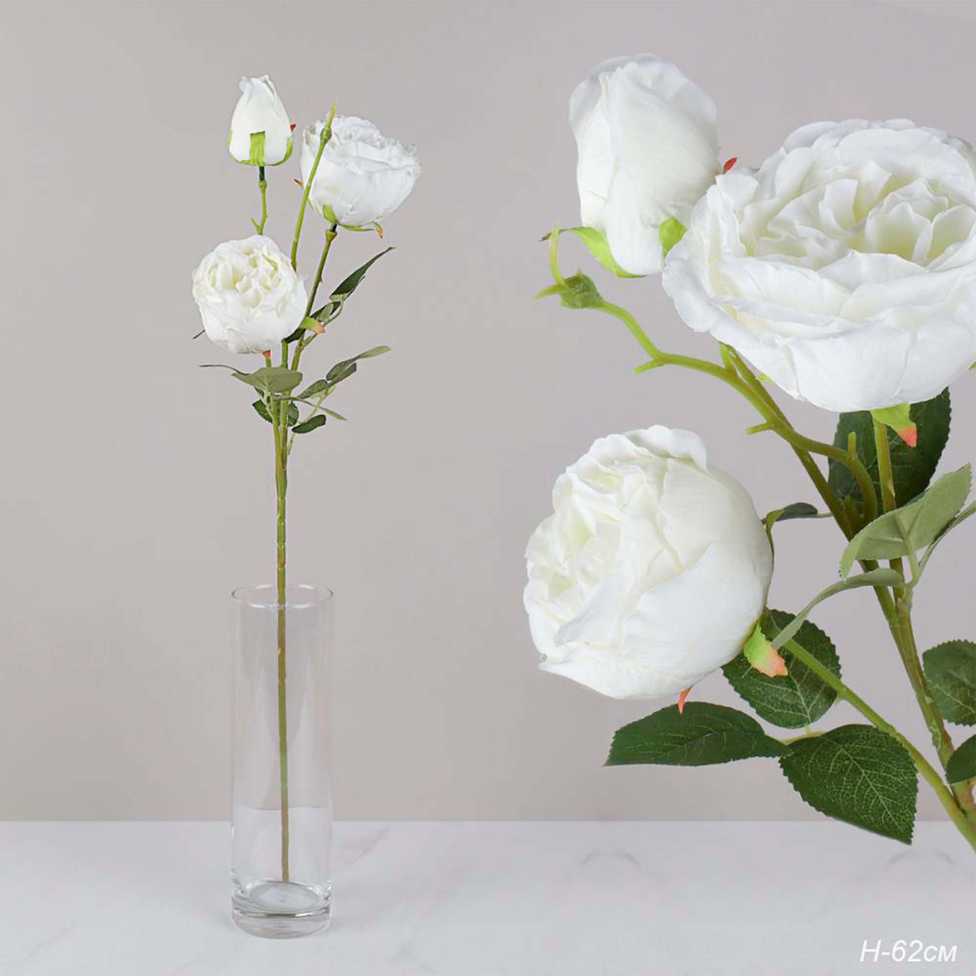 Цветок искусственный Роза пионовидная белая 62см три бутона / RF-1570