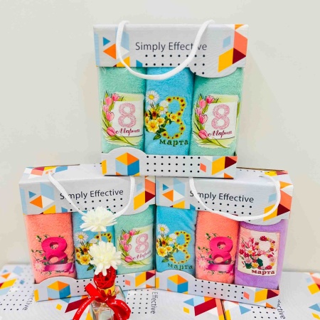 Набор полотенец 3шт 25х25 8 Марта, микрофибра в коробке