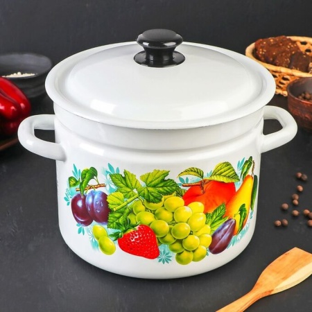 Кастрюля эмалированная сталь  8,0л, с крышкой, белая с декором Керчь