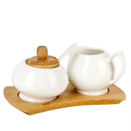 Сахарница с ложкой + молочник "Naturel" на бамбуковой подставке 20х11.5х10см. 250мл/220мл.