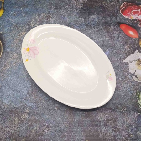 Блюдо 35см овальное, белое с узором РД85318 розовый цветок