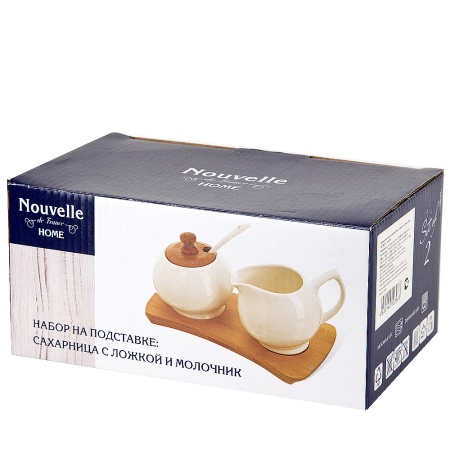Сахарница с ложкой + молочник "Naturel" на бамбуковой подставке 20х11.5х10см. 250мл/220мл.