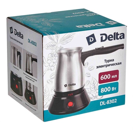 Турка электрическая DELTA DL-8302 нерж.: 800Вт, складная  ручка, объем 600мл (36)
