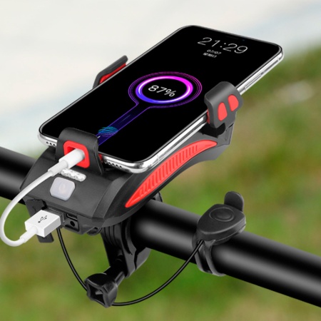 Фонарь передний COMIRON "HOLDER" ABS, IPX5; 3*T6 LED, 400lm; 4800mAh USB индикатор заряда POWER BANK сигнал 130Дб крепление смартфона синий /уп 20/80/ (10511010/250822/3118876, Китай)