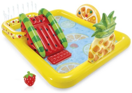 Игровой центр 244х191х91см "Фруктовые игры" с горкой, распылителем, шарами, над. игрушками  Intex
